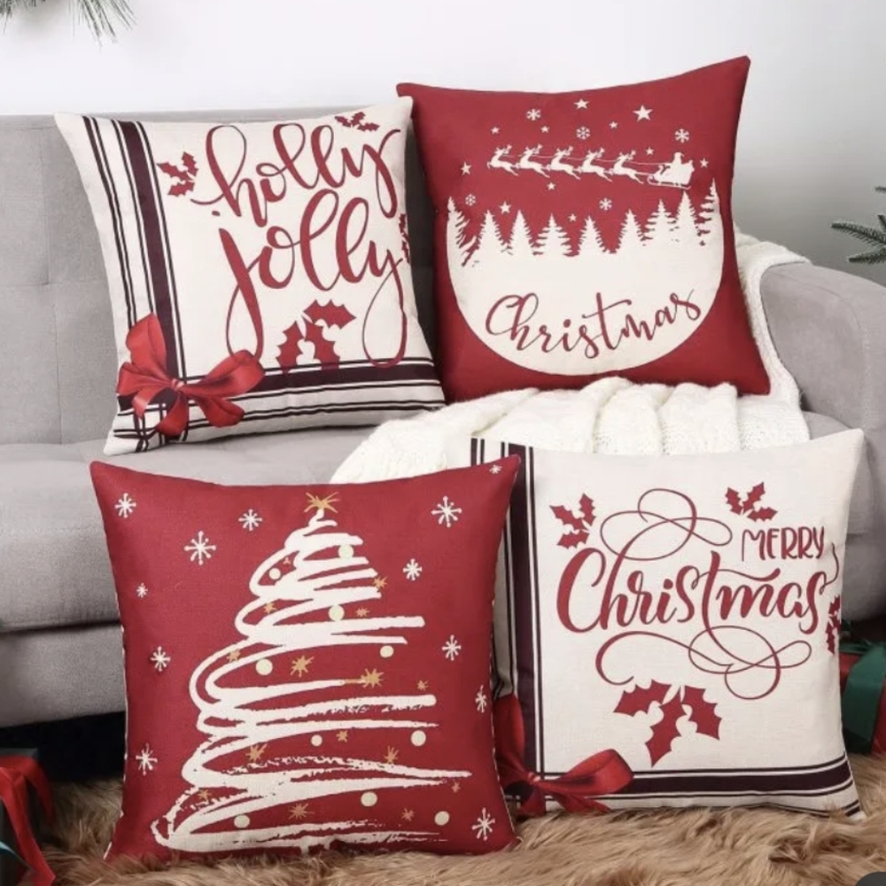 Festive Red and White Holiday Pillows with Christmas Designs